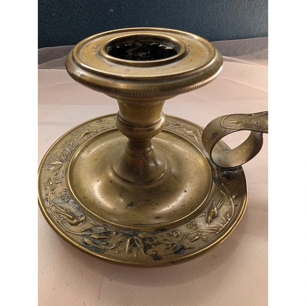 Brass Chamberstick Candle Holder & Pair of Lion Head Ring Pulls Vanity Hardware